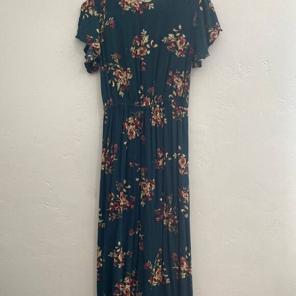 Xhilaration | Teal Floral Maxi Dress Flutter Sleeves Faux Wrap - Picture 3 of 9